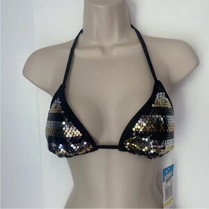 California Waves Black and Gold Sequin Bikini Top